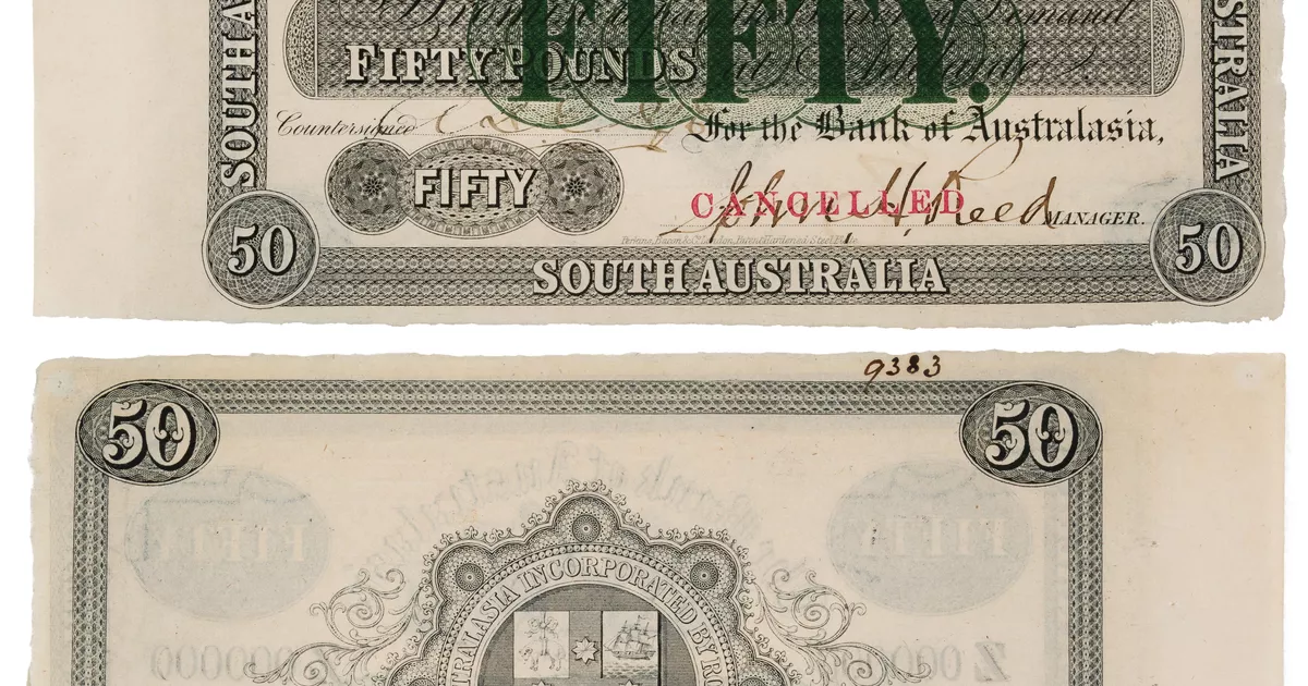 Bank of Australasia speciman fifty pounds, bank note number Z000000 ...