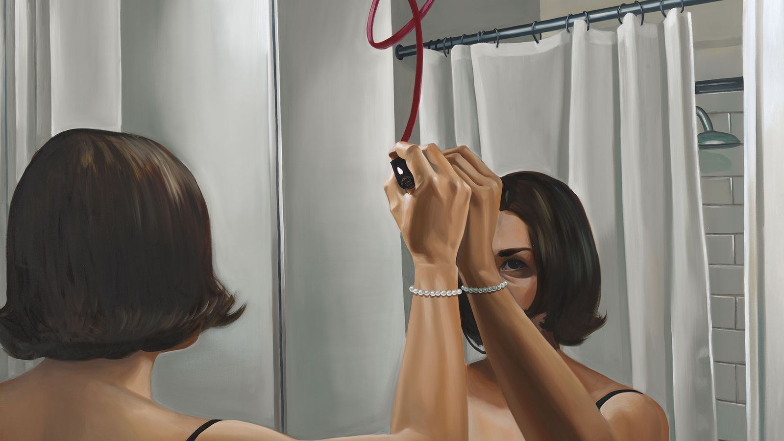 oil painting depicting woman drawing on mirror with lipstick