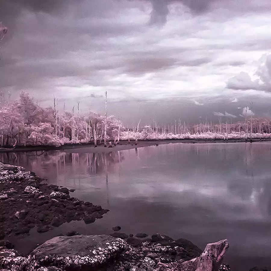 A landscape photograph in vivid pinks and purples of a lake with a stormy sky