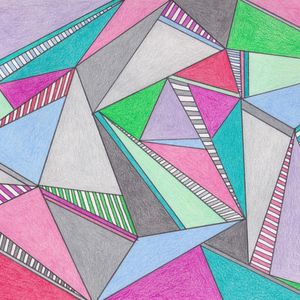 blue, pink, green and grey overlapping triangles drawn in pencil
