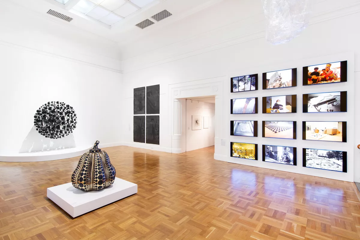 installation view: True Self, 2021, featuring Olafur Eliasson, Dark matter collective, Yayoi Kusama, Pumpkin, works from Lindy Lee’s True Chi’en series and  Ai Weiwei 258 Fake,  Art Gallery of South Australia, Adelaide