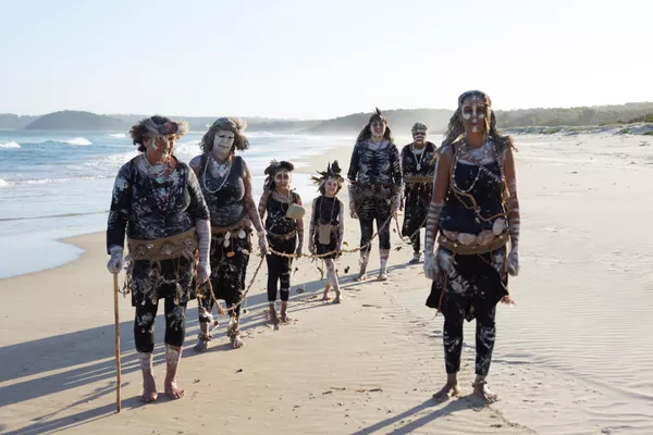 The Djaadjawan Dancers prepare for ceremony during Ngawiya Maan (we take to give) by Amanda Jane Reynolds, left to right: Aunty Vivian Mason, Aunty Leanne Mason, Arwyn Landini, Annabella Landini, Wendy Mason, Aunty Vicki Trindall and Sharon Mason; Courtesy Stella Stories and Australian Museum 2018, photo: Justine Kerrigan.