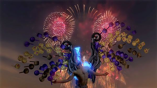 Video still with someone dancing and surrounded by superimposed digital art