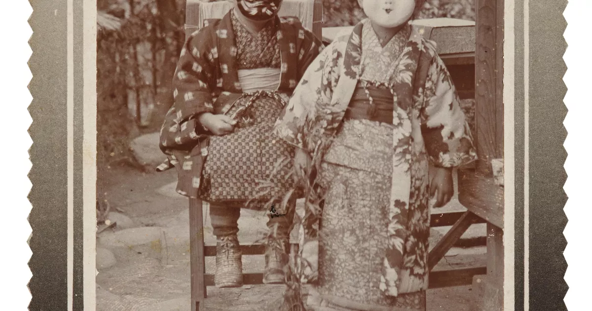 Two children in traditional masks, Tengu and Ohuku - AGSA Collection