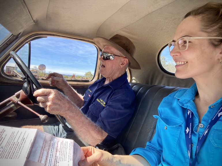 Tommy and Katrina in his 1946 sapphire blue Ford Deluxe Utility