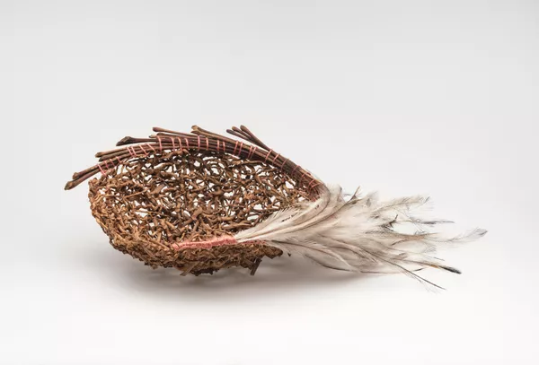 Sonya Rankine, Ngarrindjeri/Ngadjuri/Narungga/Wirangu people, South Australia, born Adelaide 1970, Garrdi guma (Emu number one – Narungga), 2021, Moonta Bay, South Australia, palm inflorescence, jacaranda stalks, emu feathers, embroidery thread, 10.0 x 23.5 x 21.0 cm © Sonya Rankine