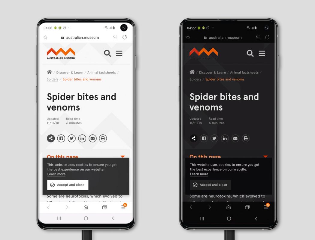 Side by side comparison of a Samsung Galaxy in Night Mode and Standard mode with the fix applied