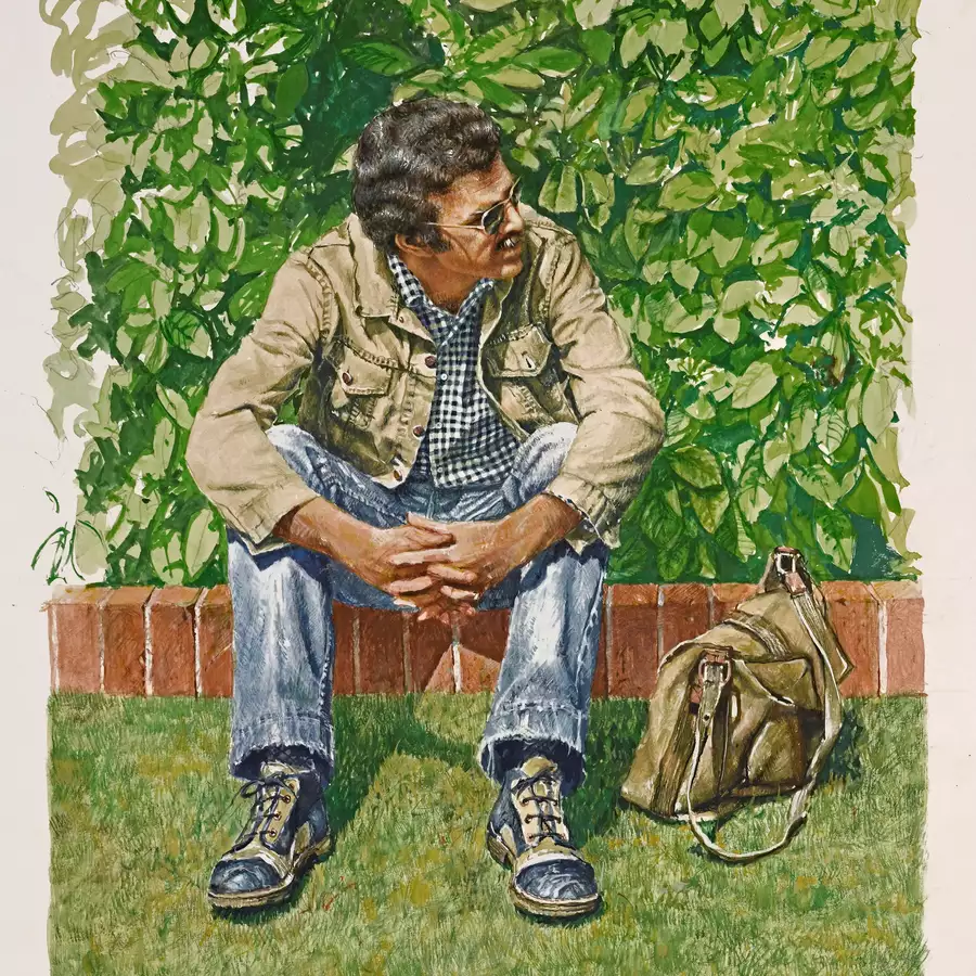 A painting of a man sitting in the sun on a brick garden edge