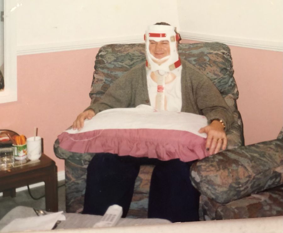 barry at a birthday party in his 'collar'