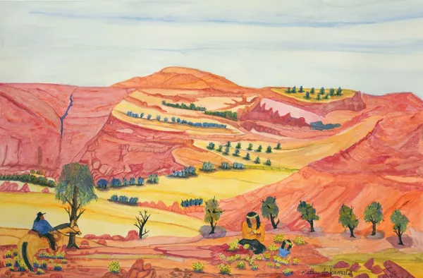 Kathy Inkamala, Western Aranda people, Northern Territory, born Ntaria (Hermannsburg), Northern Territory 1968, Kuprilya Day: making daisy chains for Kuprilya celebrations, 2021, Mparntwe (Alice Springs), Northern Territory, watercolour on paper, 51.0 x 35.0 cm © Kathy Inkamala/Iltja Ntjarra Many Hands Art Centre