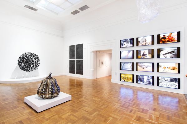 installation view: True Self, 2021, featuring Olafur Eliasson, Dark matter collective, Yayoi Kusama, Pumpkin, works from Lindy Lee’s True Chi’en series and  Ai Weiwei 258 Fake,  Art Gallery of South Australia, Adelaide