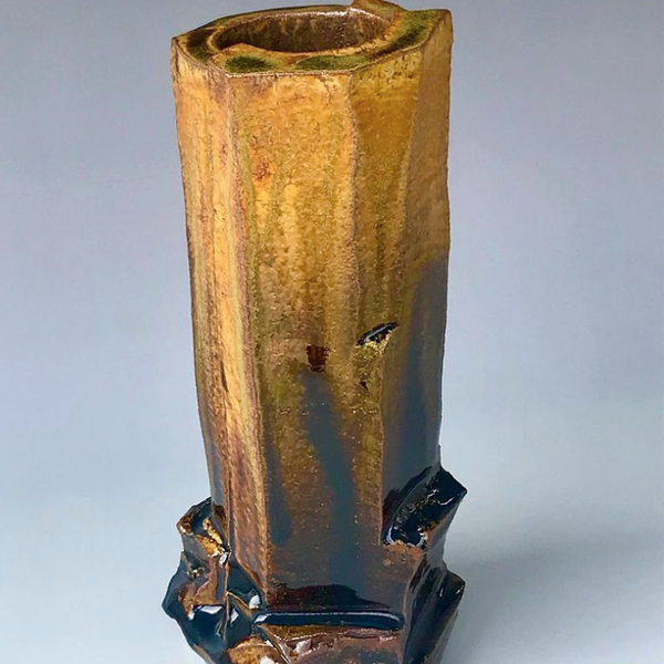 Tall dark brown & gold chunky vase with uneven texture