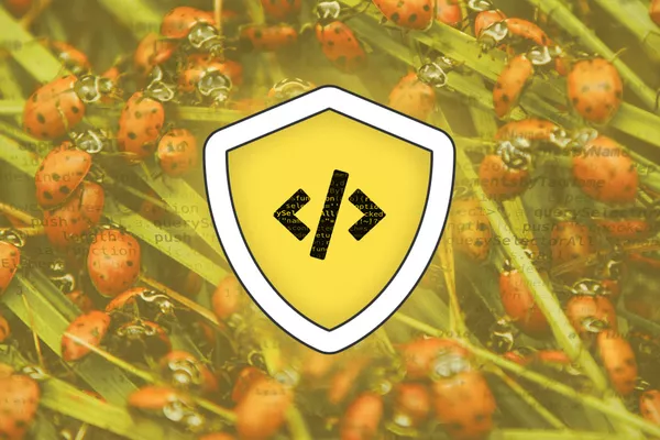 Digital illustration showing the symbol for code within a shield surrounded by a photo of an infestation of insects.