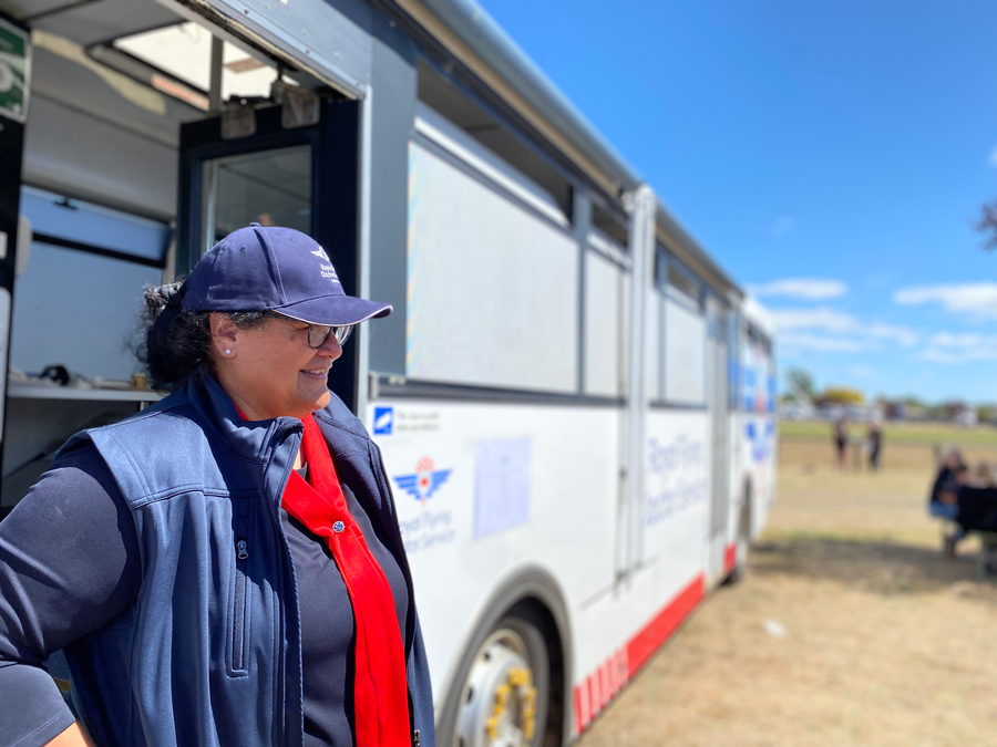 Smoking Cessation Nurse, Christine Burt with the health hub bus.
