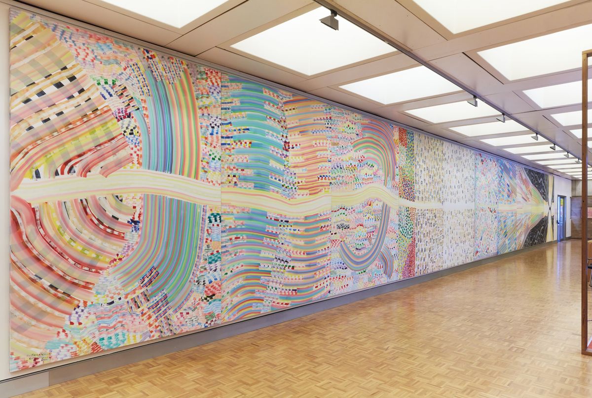 Photo of Richard Larters painting Big Bang  - A colourful expressive and abstract painting that is 21 meters wide