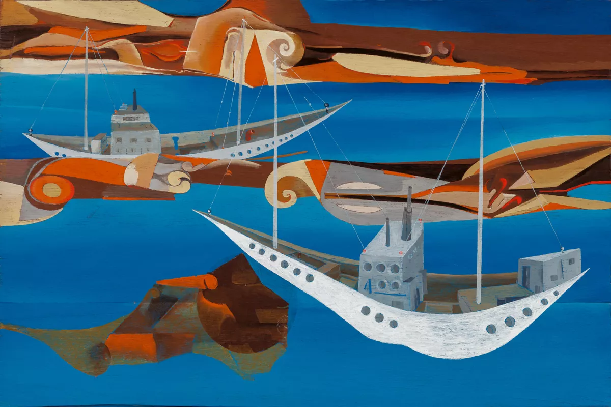 Dušan Marek, Australia, 1926 - 1993, Karu and Kulu, 1993, Eden Hills, oil, synthetic polymer paint on plywood, 45.6 x 68.3 x 4.2 cm; Private collection, Art Gallery of South Australia, Adelaide, © Art Gallery of New South Wales.