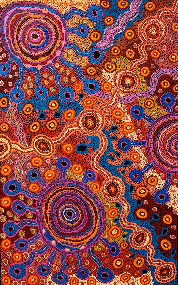 A vibrant First Nations made from polymer paint on canvas
