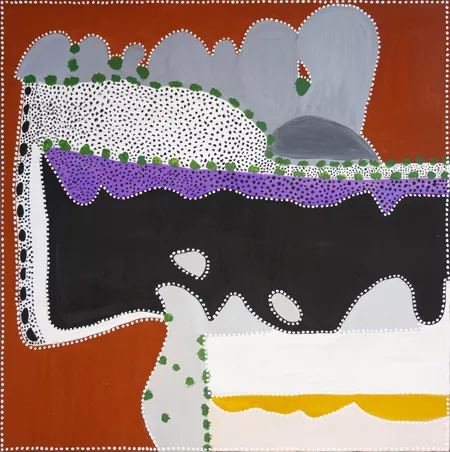 Kathy Ramsay, Gija people, Western Australia, born Bow River, Western Australia 1965, Jack's Yard, 2021, Warmun, Western Australia, earth pigments and synthetic polymer paint on canvas, 120.0 x 120.0 cm © Kathy Ramsay/Warmun Art Centre