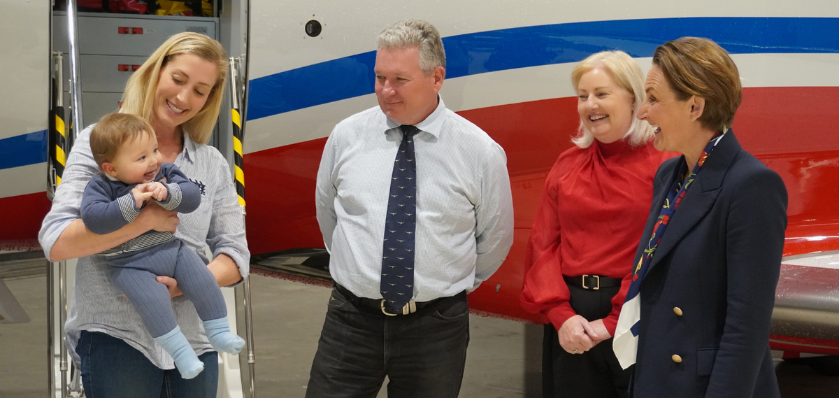 WA Minister for Health Amber-Jade Sanderson MLA alongside WACHS Chief Executive Jeff Moffet, RFDS WA CEO Judith Barker ASM and RFDS patient Ella.
