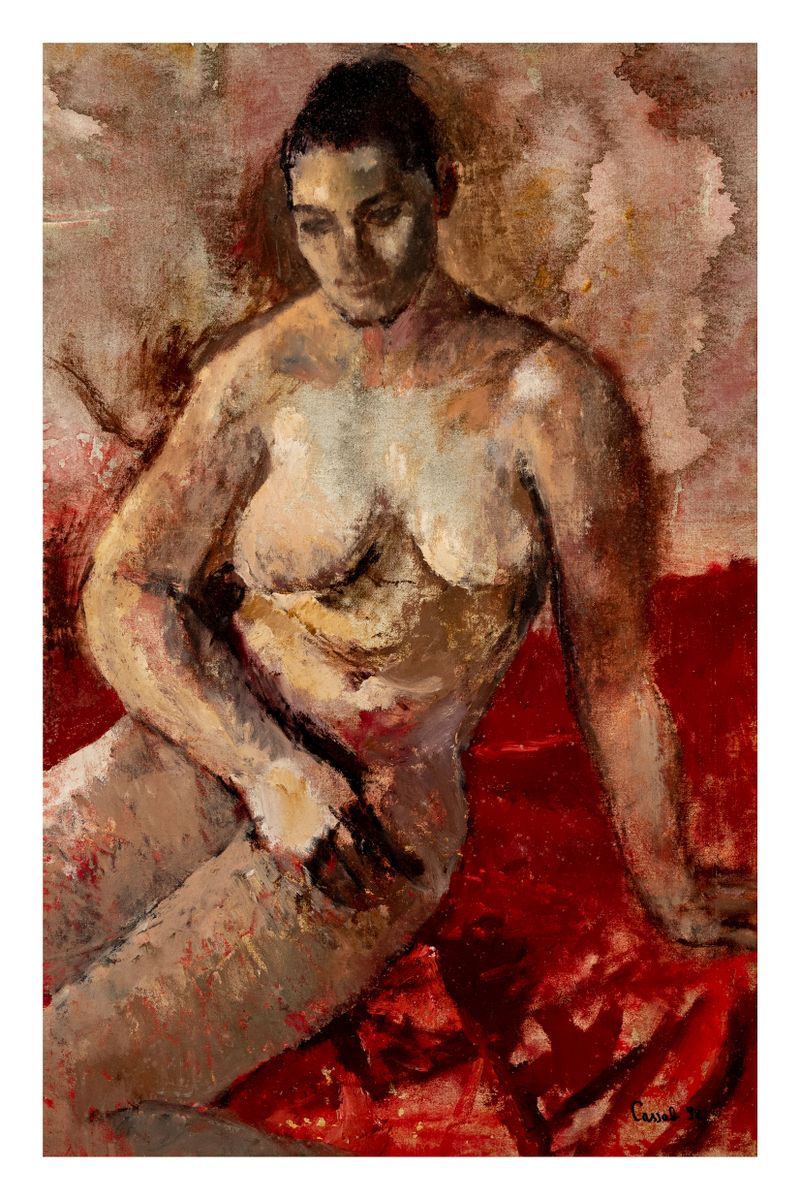 Image of Nude on red couch