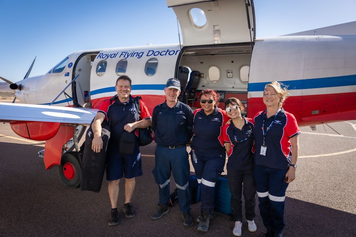 RFDS Physiotherapist Aled Francis, Pilot Montie Lester and Eva, Rachael and Fiona of the Allied Health team.