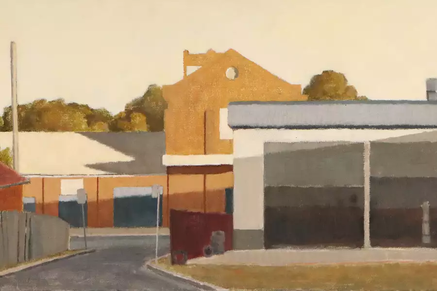 An oil painting of buildings from the viewpoint of a carpark