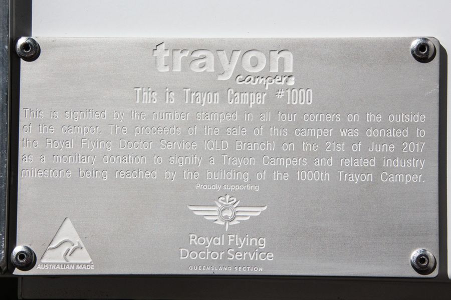 a custom plaque adorns the 1000th Trayon Camper commemorating the $40,000 donation to the RFDS