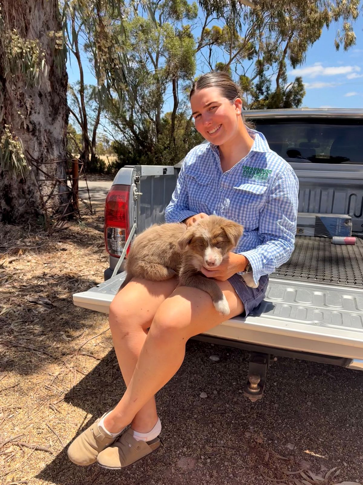 Animal-lover Bella at home recovering in Broken Hill with Sadie.