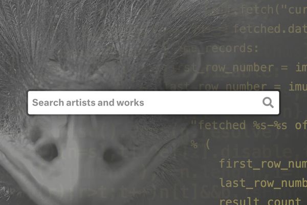Closeup of an Emu with Python code and a search bar overlaid on top