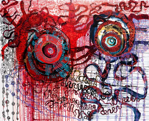 A First Nations painting made up of vibrant red and purple paints