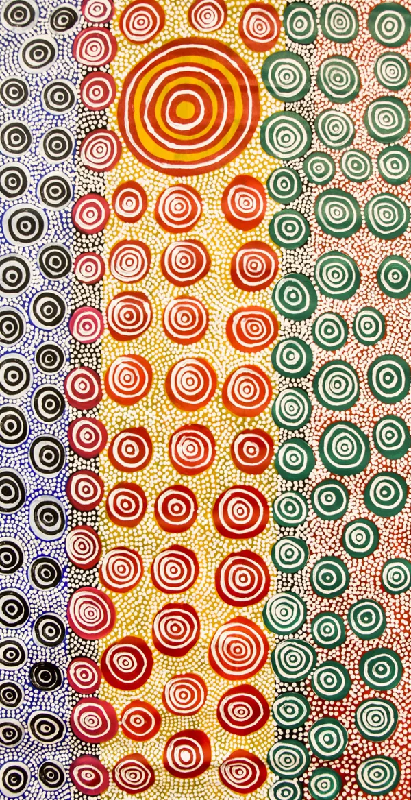 Stephen Pitjara, Alyawarr people, Northern Territory, born 1963, Utopia, Alyawarra, Northern Territory, Wild Communities, 2019, Adelaide, synthetic polymer paint on canvas, 121.0 x 63.0 cm; © Stephen Pitjara.