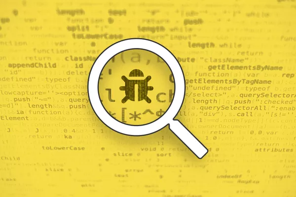 Digital illustration showing a magnifying glass icon zooming into a section of computer code and displaying a bug symbol.
