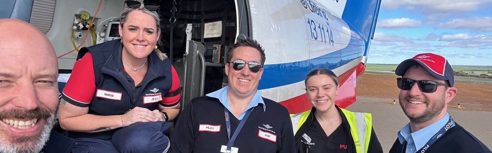 Dr Watson, Nurse Jess, Pilot Rob, Murdoch Uni Nurse Camille and a Pilot at Three Springs