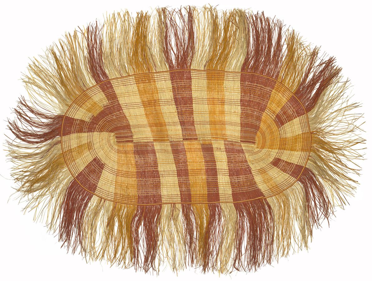 flat weaving of natural and brightly dyed pandanus grass