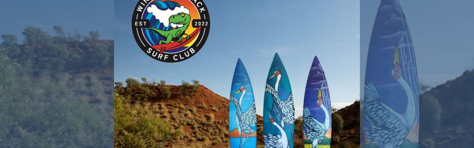 3 surfboards with paintings of birds are pictured standing up in the outback. The dirt is bright orange and sky a rich blue.