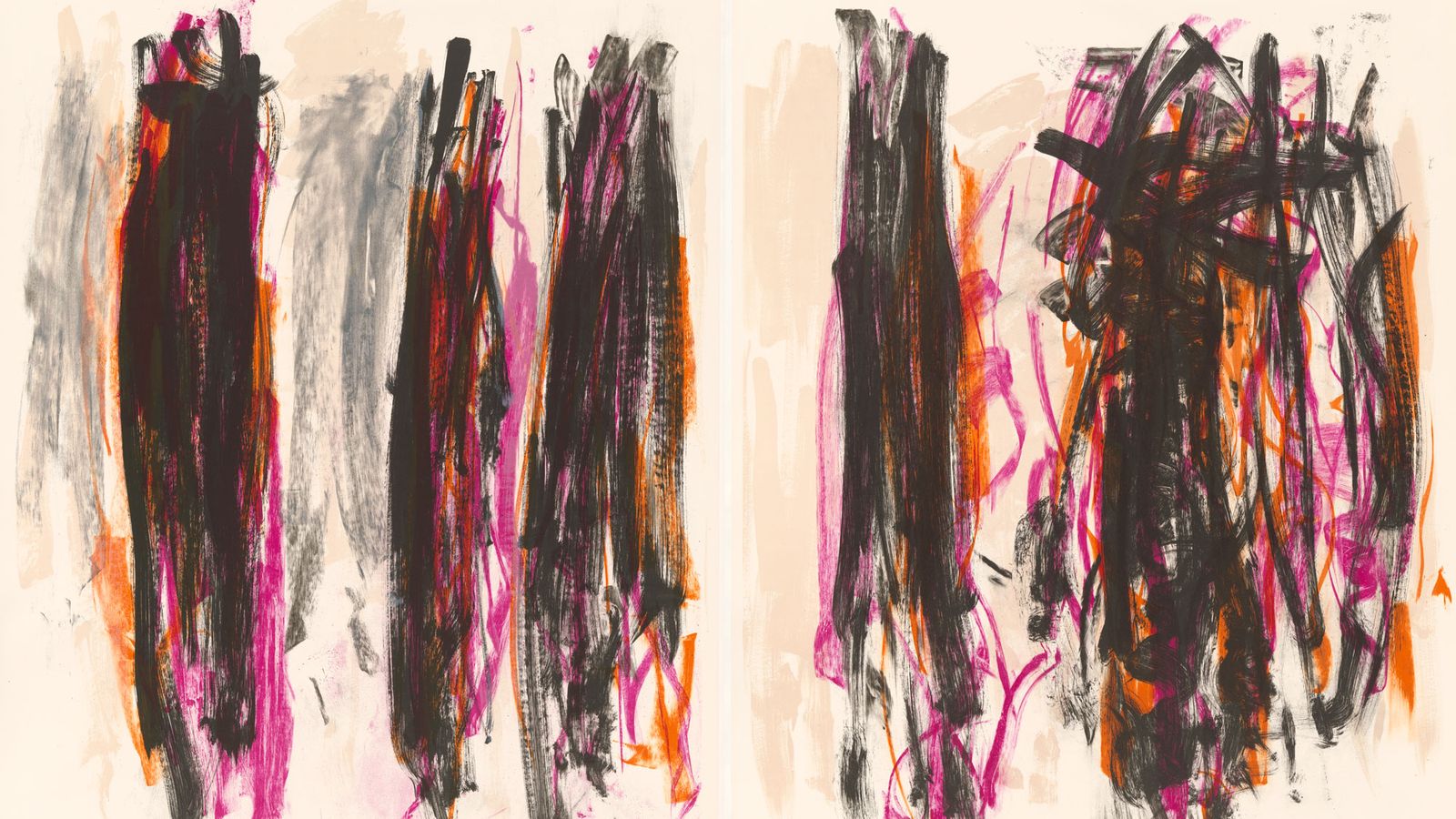 Black, pink and orange abstract expressionist painting